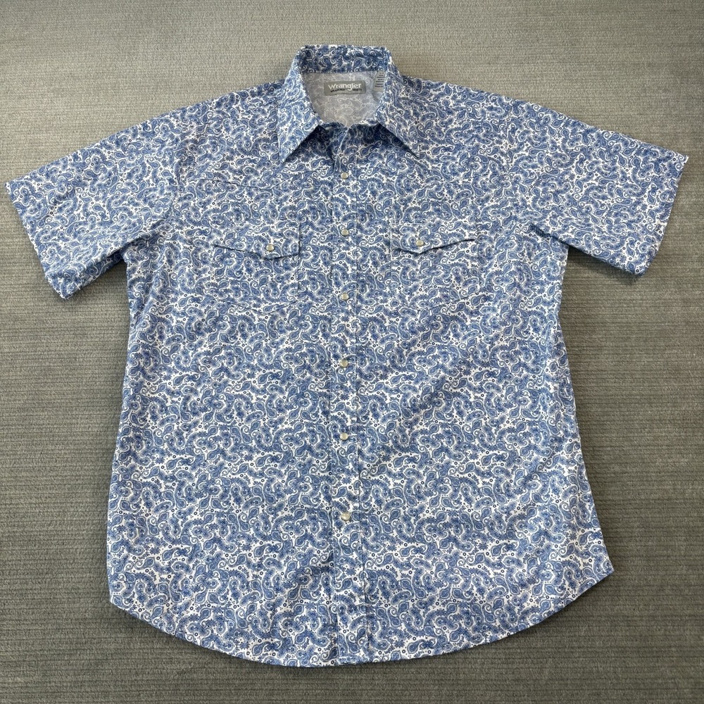 Wrangler Wrancher Shirt Mens Large Blue Paisley Pearl Snap Rodeo Southwestern